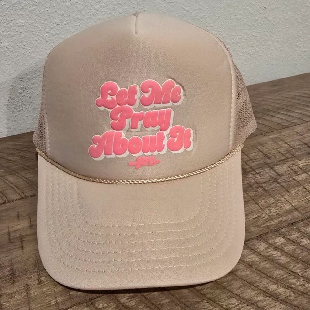 OTTO Let Me Pray About It Pink Beige Foam Trucker Hat Mesh Snapback